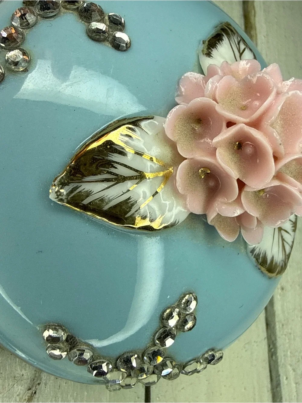 RARE VTG Lefton Blue Porcelain, Pink Floral Spray, Gold Tips & Rhinestone Accent